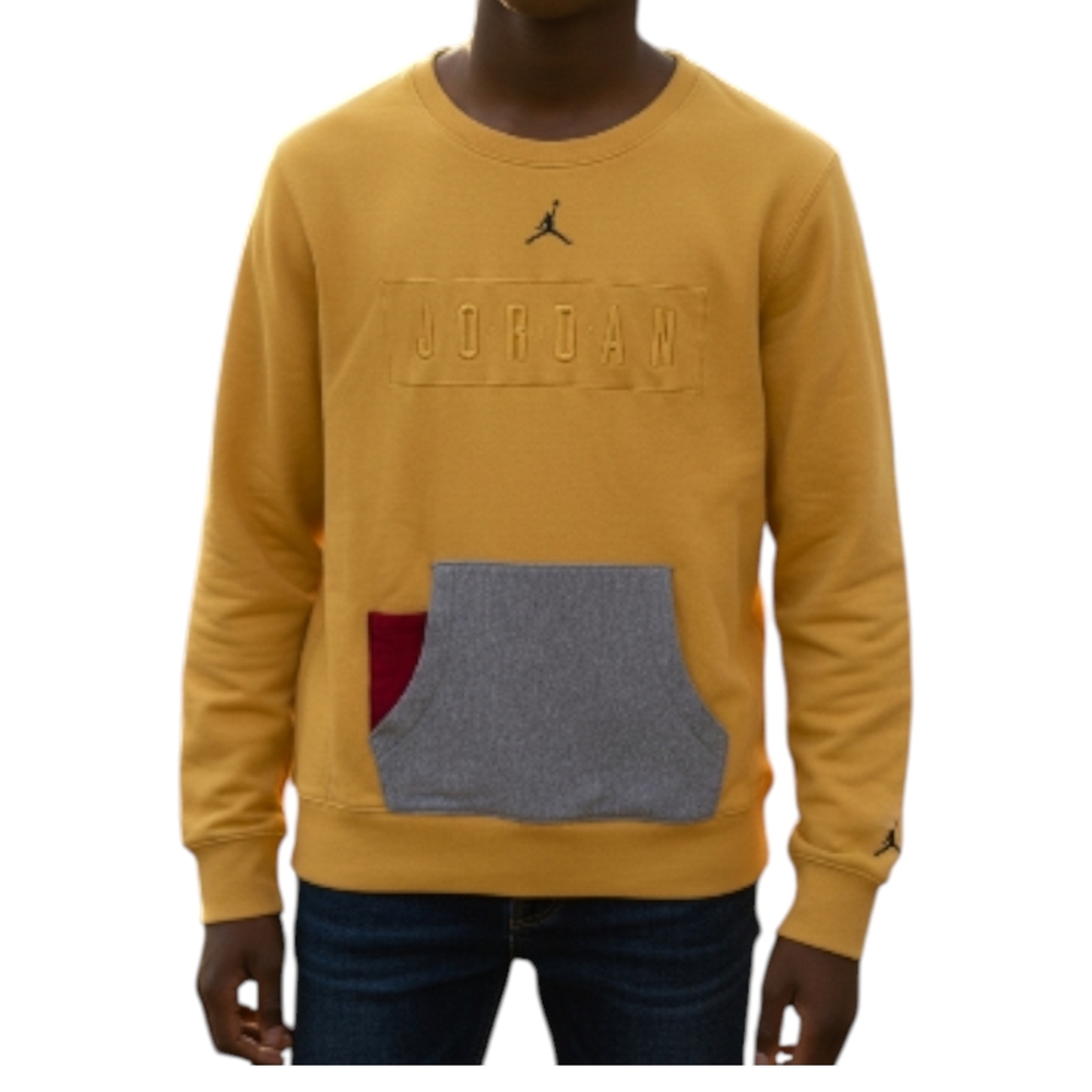 Jordan Men's Mustard Crewneck Sweater with Gray and Red Details